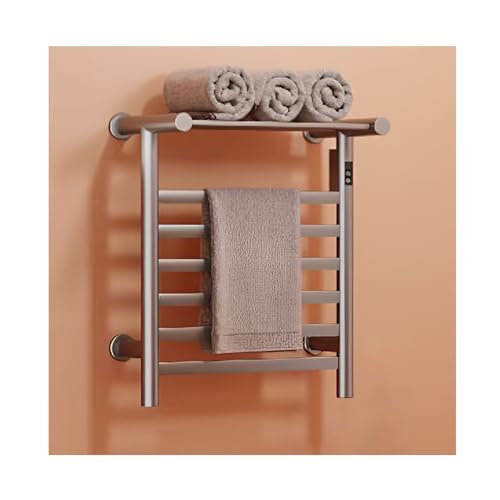 Toallero calefaccionado de Pared con Estante Superior, de Aluminio, con Temporizador y Control de Temperatura para baño, Color Gris y línea Derecha.