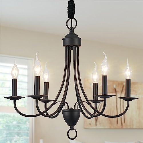 Kaluxry Black Chandelier, Farmhouse Chandeliers for Dining Room 6-Light Iron Metal Candle Pendant Light Fixture with E12 Base Pendant