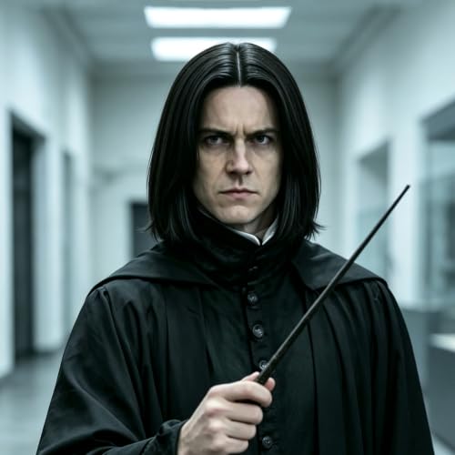 Traqur Men's Black Medium Layered Severus Snape Wig, Heat Resistant Synthetic Wizard Cosplay Wig, Halloween Fancy Dress Costume Wig for Adult
