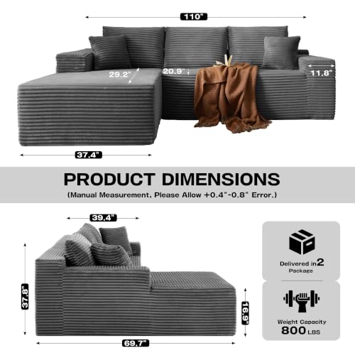 Image of 96 inch Sectional Couches for Living Room Cloud Couch Sofa with L-Shape Upholstered Boneless Couchs Modern Modular Sectional Couch with Chaise