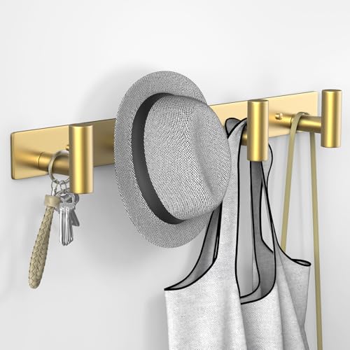 Image of VAEHOLD Hat and Coat Wall Mount Rack - Hooks for Robes, Bags, Keys, and Towels - Bathroom Towel Hanger Organizer (Gold, inchT inch Shape 4 Hooks 2 Pack)