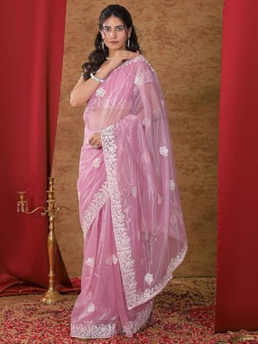 Image of Satrani Women's Net Embroidery Saree with Unstitched Blouse Piece