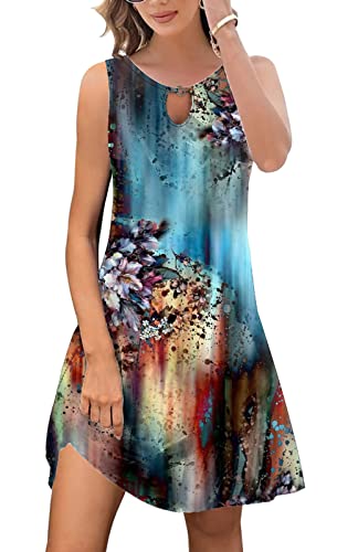 Etcyy Summer Beach Dresses For Women 2023 Trendy Boho Floral Print Crew Neck T Shirt Dress Sleeveless Sundresses With Pockets #TOP13