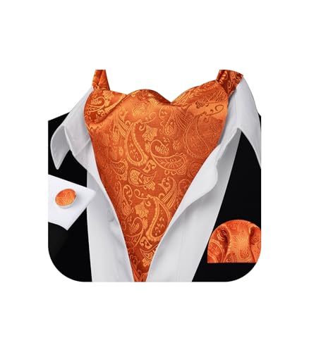 Barry.Wang Ascot for Men Orange Paisley Tie Cravat Silk Scarf Self Necktie Handkerchief Cufflinks Set Formal Wedding Party Prom
