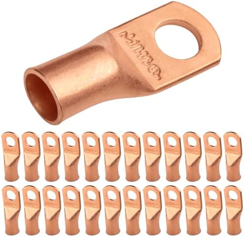 SELTERM 25pcs 1/0 AWG 3/8" Stud Battery Lugs, Ring Terminals, Heavy Duty Copper Wire Cable Ends, 0 Gauge Ring Terminal Connectors, UL Bare Copper Eyelets Electrical Cable