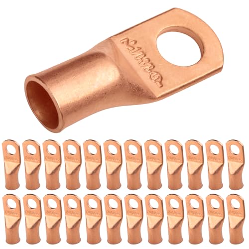 SELTERM 25pcs 1/0 AWG 3/8" Stud Battery Lugs, Ring Terminals, Heavy Duty Copper Wire Lugs, Cable Ends, 0 Gauge Ring Terminal Connectors, UL Bare Copper Eyelets Electrical Cable Lugs