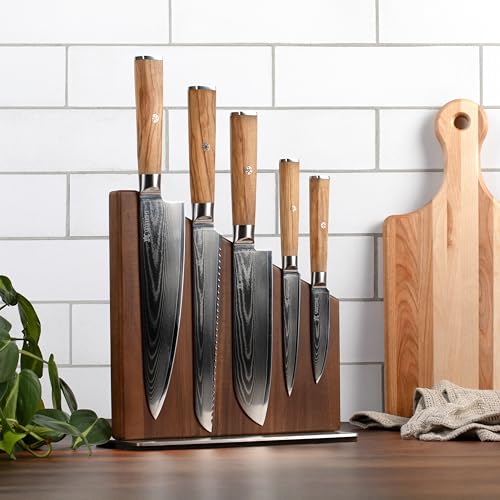 Image of Yatoshi Knives Magnetic Kitchen Knife Block Set - Japanese 67 Layer High-Grade VG-10 Steel Knives, Sharp, Professional Kitchen Knife Set - Damascus (6 pieces), Olive Wood Handles