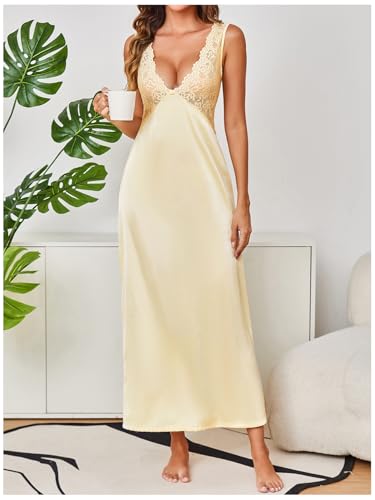Image of WDIRARA Women's Satin Sleepwear Nightgown | Lace, Backless, Deep V Neck, Sleeveless, Long