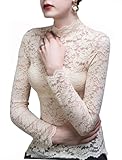 METWAY Women’s Lace Tops Long Sleeve Lace Shirt Sheer See Through Ruffle Embroidered Undershirt Going Out Gothic Sexy Blouse (Apricot,L)