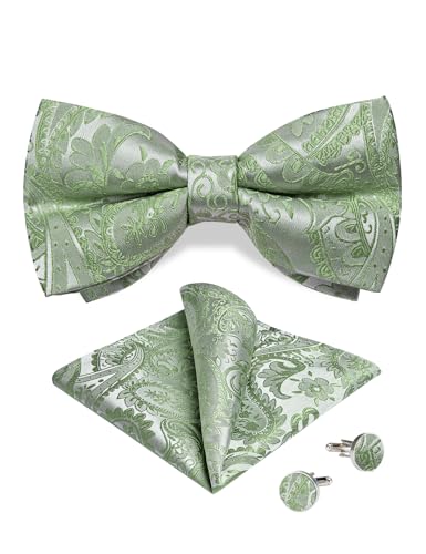 Image of DiBanGu Paisley Pre-Tied Bow Ties for Men Silk Adjustable Bowtie and Pocket Square Cufflinks for Wedding Party
