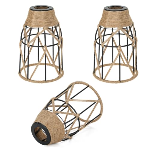 Image of 3 Pack Industrial Hemp Rope Pendant Lamp Shade, Small Vintage Boho Hanging Light Shades, Mini Rustic Metal Cage Lampshade for E27 Chandelier Wall Sconces Ceiling Hanging Pendant Light Fixture