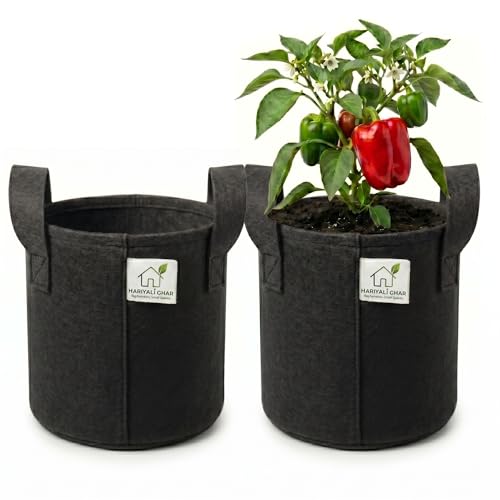 Image of 400 GSM Geo Fabric Round Grow Bags 9x9 Inch with Handle, Black Planting Bags for Terrace and Kitchen Gardening Pack of 2
