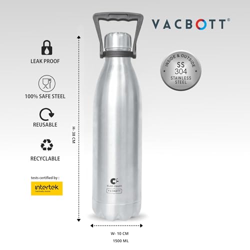 Image of Clay Craft VACBOTT Stark Double Walled 18 Hours Hot and 24 Hours Cold Water Flask Bottle-1500ML, 2-Piece(Silver) Leak Proof|Easy to Carry|Gym Bottle|Home|Kitchen|Hiking|Travel Bottle|BIS Certified