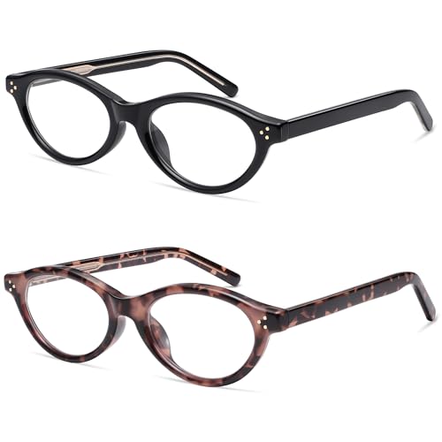 AMOMOMA Retro Oval Reading Glasses for Women Blue Light Blocking Cat Eye Stylish Readers Spring Hinge AM6227 C1+C4 1.5X
