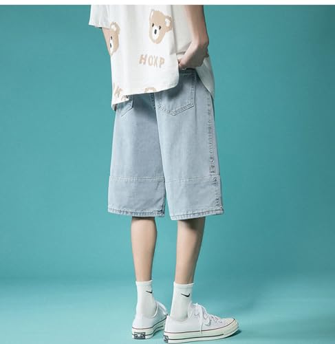 Calça Jeans Xadrez Com Punhos, Namorado, Namorada, Bainha Solta, Calça Jeans Curta, Bolsos Azuis Cla
