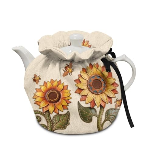 Image of Sunflower Bee Print Tea Cozy for Teapot Insulated Tea Kettle Cosy Drawstring Design Teapot Insulation Cover for Keeping Warm