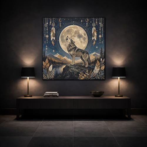 Tableau loup lune sur toile canvas premium 50x50 cm