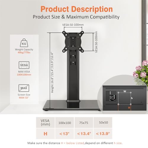 Universal Swivel TV Stand/Base Table Top TV Stand for 13 to 32 inch TVs with 100 Degree Swivel, 4 Level Height Adjustable, Heavy Duty Tempered Glass Base, Holds up to 77lbs, HT07B-001 - Thumbnail 7