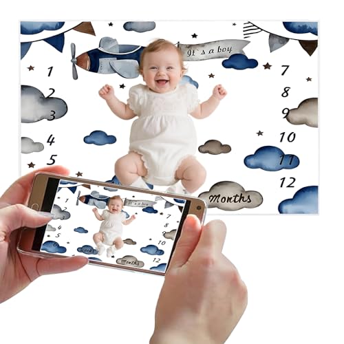 Image of Airplane Theme Baby Monthly Milestone Blanket for Boys, Soft Flannel Aircraft Pilot Cloud Stars Pattern Photography Prop Baby Shower Age Newborn Mom Gifts Nursery Decor (Gray Blue, 60x40in)