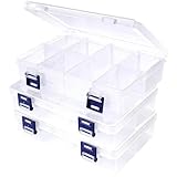 COONE 3 Pack Large ​Storage Boxes With Compartments, ​Adjustable Dividers​ Clear Plastic ​Stackable Organiser, Double Buckle Transparent Container for ​Beads Jewelry Makeup​ Accessories (White)
