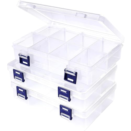 Image of COONE 3 Pack Large Storage Boxes With Compartments, Adjustable Dividers Clear Plastic Stackable Organiser, Double Buckle Transparent Container for Beads Jewelry Makeup Accessories (White)