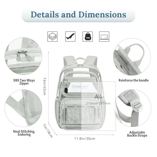 Image of Cusangel Large Clear backpack for girls,16in TPU Plastic See Through Heavy Duty Bookbag,Stadium,school, and other security check locations(Grey)
