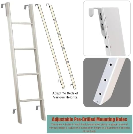 Adjustable Metal Bunk Bed Ladder - 150 Kg Capacity, White Hanging Ladder for Camping, Travel Trailers & RVs, 140cm/55” Tall, Safe & Sturdy Design