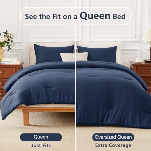 Image of HIMEET Queen Comforter Set, 3 Pieces 90 inchx90 inch with 2 Pillowcases, Navy Blue | 270GSM Down Alternative Fill, Oeko-TEX Certified, 8 Corner Ties Quilted, All Season, Fluffy Bed Set, Bedroom Decor Bedding