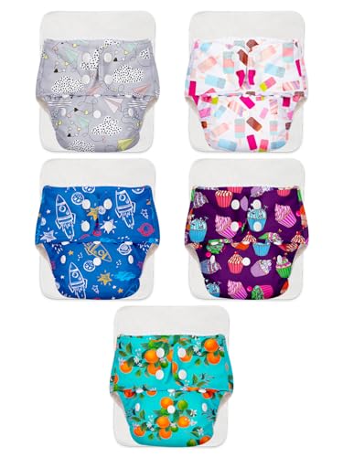 Superbottoms Basic Leakage-proof advanced cloth diapers for babies, High Absorbent 100% cotton 5 reusable diaper and 5 insert pad Combo Pack washable cloth diaper 3M -3Years Adjustable, Reduces Rash