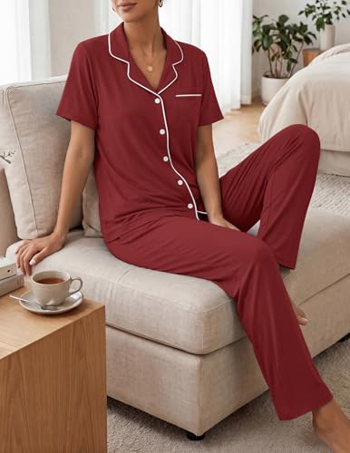 Image of Womens Pajamas Sets 2 Piece Button Up Pj Sets Short Sleeve with Long Pant