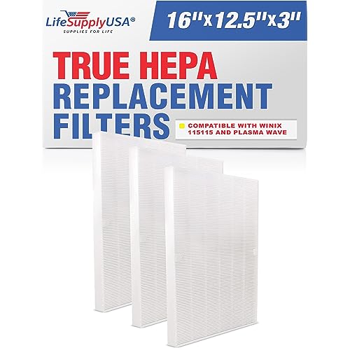 LifeSupplyUSA (3-Pack) True HEPA Air Cleaner Filter Replacement 115115 Compatible with Winix PlasmaWave WAC5300, WAC5500, WAC6300, 5000, 5000b, 5300, 5500, 6300 & 9000, Size 21