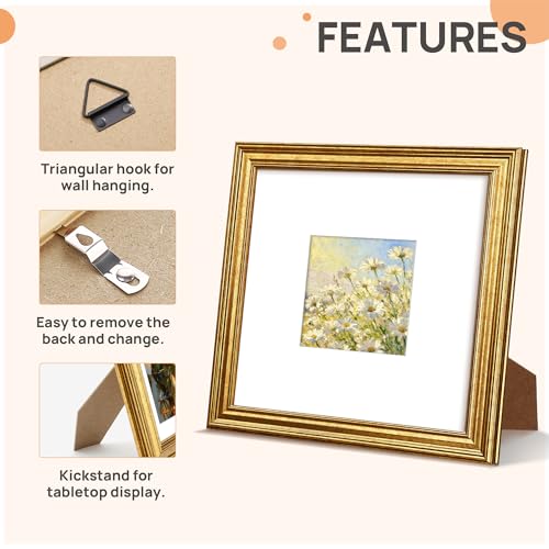 Image of upsimples 8x8 Picture Frame, Vintage Frames Decor, 1Pack Gold | Fit 4x4 and 8 x 8 Square Photo, Wall or Tabletop Display, Antique-style Decoration, Rustic Farmhouse Decor, For Weddings