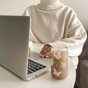 SANDJEST Butterfly Glass Bottle, Iced Coffee Aesthetic Glass Can Cup, Gifts for Christmas Birthday, Gift for Women Girls, 16oz SANDJEST Butterfly Glass Bottle Iced Coffee Aesthetic Glass Can Cup Gifts for Christmas Birthday Gift for Women Girls 16oz