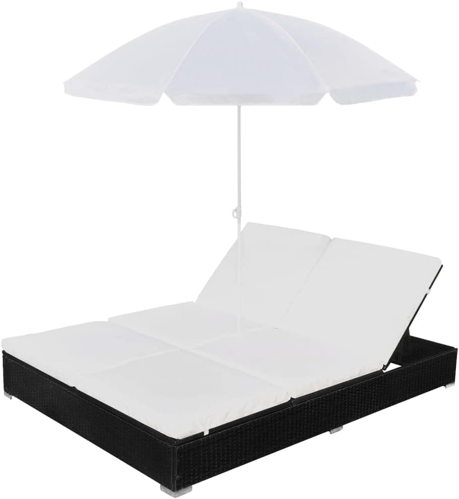 vidaXL Patio Lounge Bed, Sun Lounger Chair with Umbrella, Outdoor Chaise Lounge for Poolside Balcony Beach Yard, Poly Rattan Black