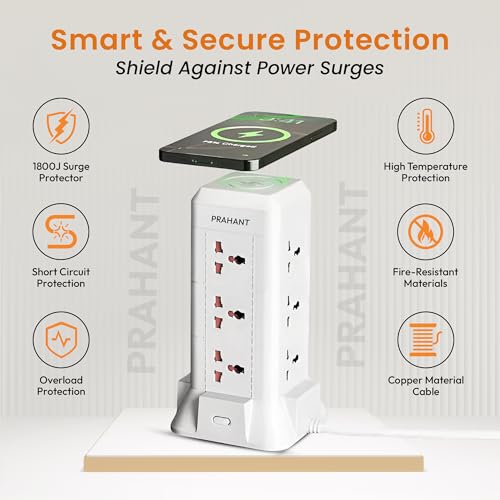 Image of 16 in 1 Universal Multi Sockets Tower Extension Boards,12 Sockets,2 USB Port,1 Type C Port,with Surge Protection,Smart Energy Saving,1.8M Extension Cords,with Wireless Charging Point