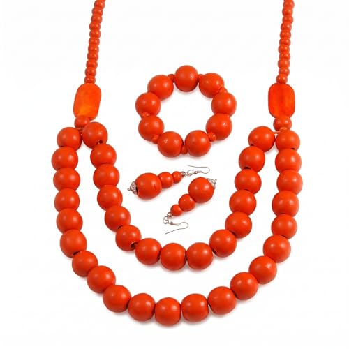 Collar de cuentas largas de madera naranja de 90 cm, pendientes y pulsera flexible para mujer