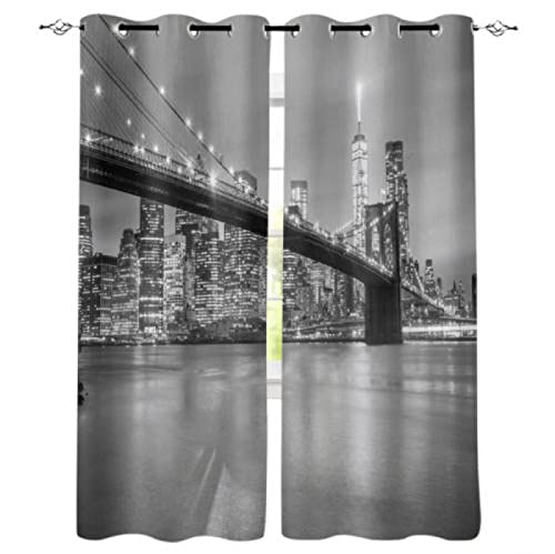 ZLLHAPPY Voilage Rideau Vue Nocturne de la Ville de New York 168x183 cm Rideaux et Draperies avec Oeillets Décoration de Fenêtre Isolation Thermique pour...