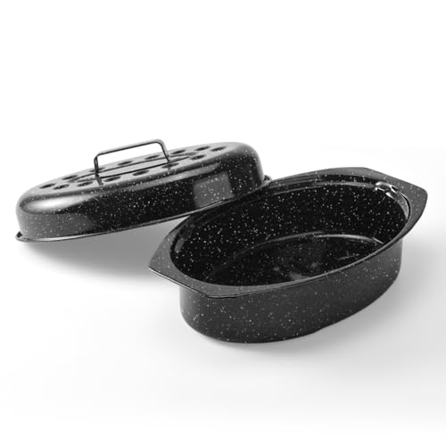 13 Roasting Pans for Ovens Porcelain Enameled Steel Oval Roaster Pan with Domed Lid for Small Turkey Chicken Vegetable Lamb Sourdough Bread