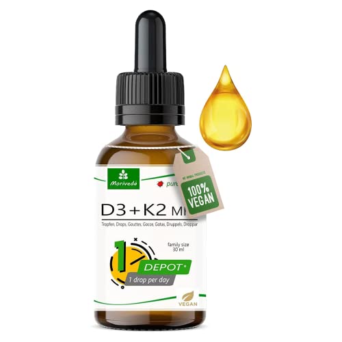 Moriveda® 100% pflanzliche Vitamin D3 + K2 Tropfen 50 ml I D3 (1000 I.E) I K2 MK7 All-Trans (20µg) I nur 1 Tropfen täglich I Vegan I ca. 1.700 Tropfen