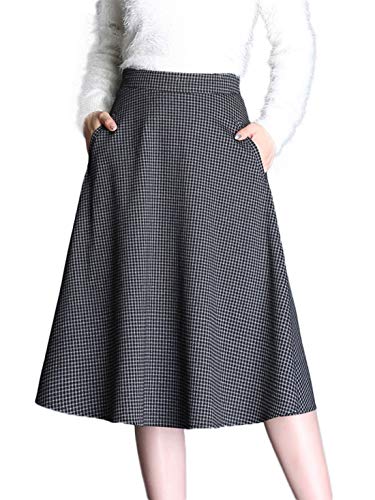 CHARTOU Women's Flattering High-Waisted Knee Length A-Line Houndstooth Plaid Midi Skirt (Black-White, X-Small)