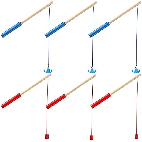 Sumind 6 Pcs Magnetic Fishing Pole Wooden Magnetic Fishing Rods with Magnet Hooks Christmas Fishing Game Toy Gifts for Birthday Party(Red, Blue,Column, Hook) Cover