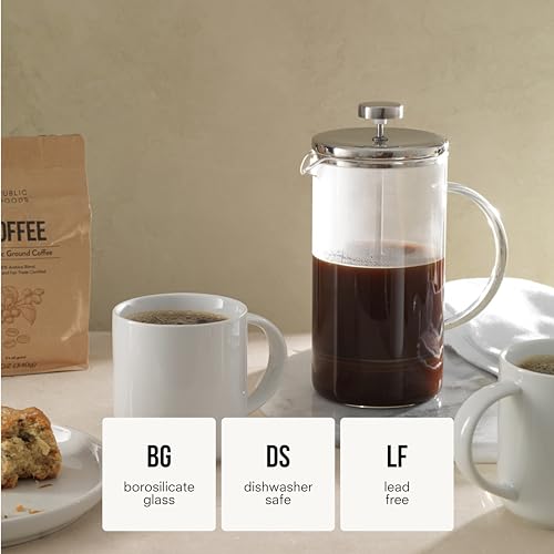 Public Goods 34 oz. French Press Coffee Maker | 1 Liter High-Heat Borosilicate Glass French Press | Heat-Resistant, Durable, Dishwasher Safe - Image 2