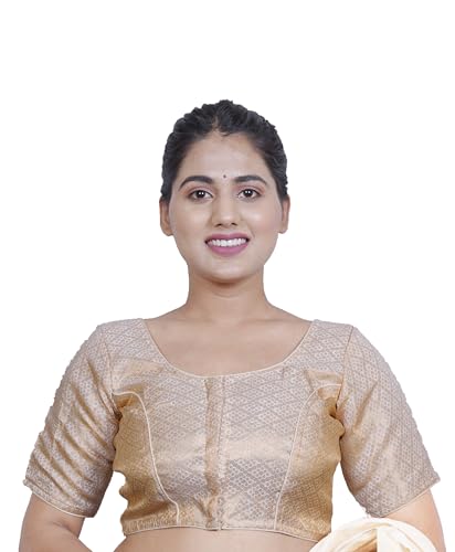 CHOLI DAMAN Women's Banarasi Silk Front-Open Non-Padded Flower Design Elbow Sleeves Blouse for Saree, Lehenga and Choli (Golden_Chiku, 32)