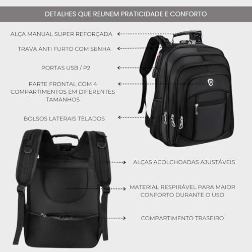 Mochila Executiva Viagem Grande Notebook Feminina Masculina, Múltiplos Compartimentos, Mochila antir