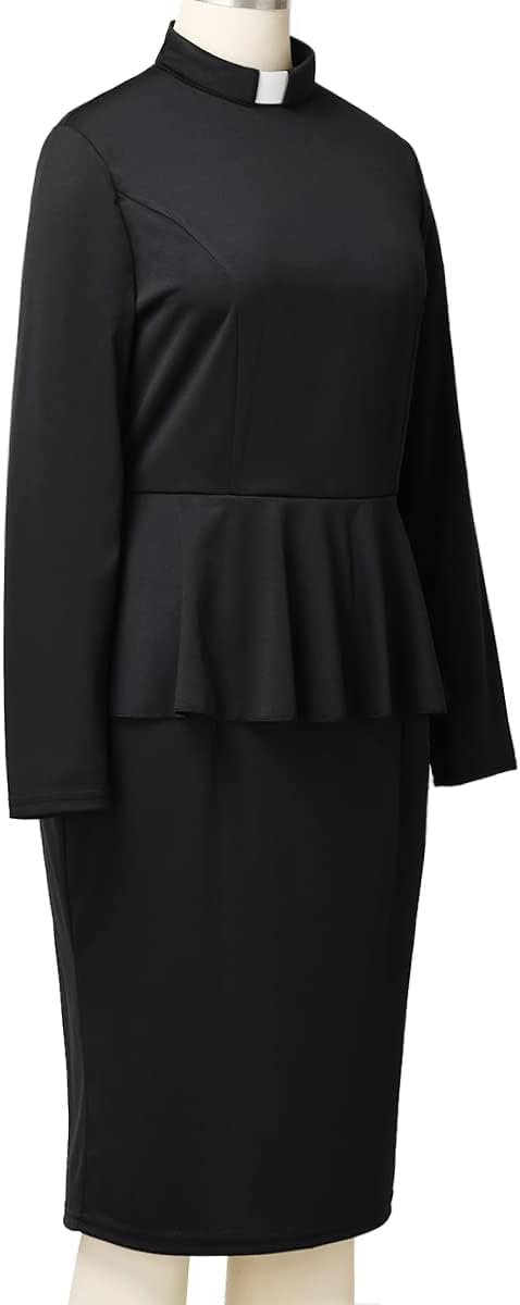 FAD-4U Church Clergy Dress for Women Minister Long Sleeve Ruffle Slim Pencil Dress with Tab Insert Stand Collar