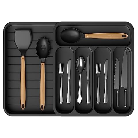 VESKYAO Expandable Cutlery Drawer Organiser, Utensil Organiser for Kitchen Drawers, Adjustable Silverware Organiser Flatware Tray Drawer Insert for knives, Garage Tools, Office Supplies Cover