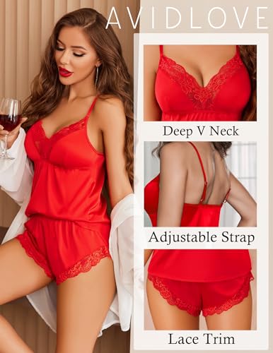 Avidlove Satin Pajamas Women\'s Cami Sleepwear Soft Silk Loungewear Pjs Shorts Set Red Medium - Thumbnail 2