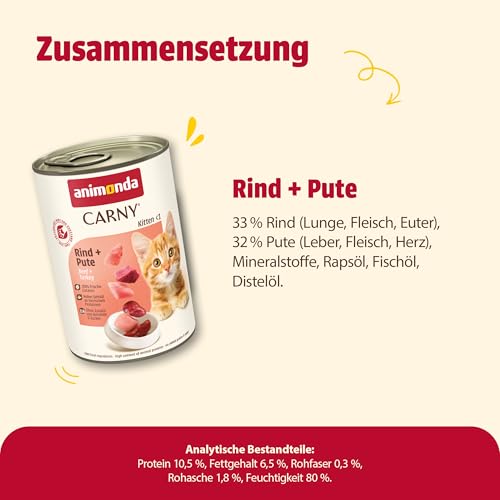 animonda Carny Katzen Nassfutter Kitten Rind + Pute (12 x 400g), Kitten getreidefreies Katzennassfutter ohne Zucker für wachsende Kätzchen bis 1 Jahr, mit frischen Zutaten