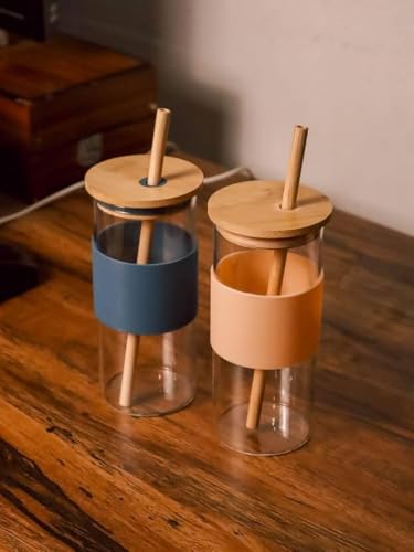 Image of Glass Tumbler with lid and Straw, Glass Bottle with Unique Wooden Straws, Bamboo Lid, Glass Tumblers, Smoothie, Jars, (400ml)