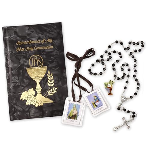 Needzo Black First Communion Wallet Set – The Lord's Supper Black Pearl Rosary, Laminated Prayer Cards & Keepsake Booklet, 4 Items